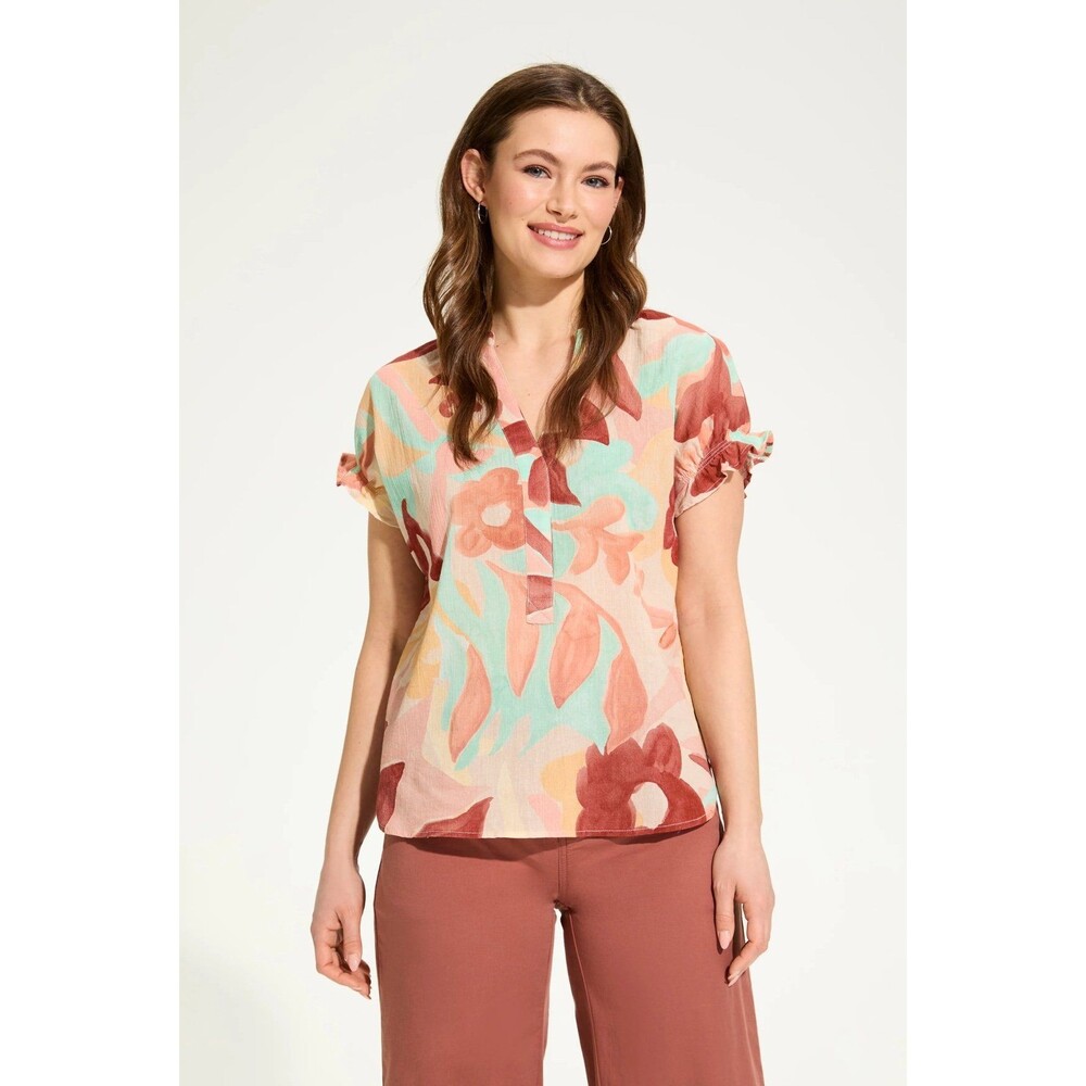 French Dressing Jeans FDJ 100% Cotton Watercolor Floral Ruched Back Blouse M